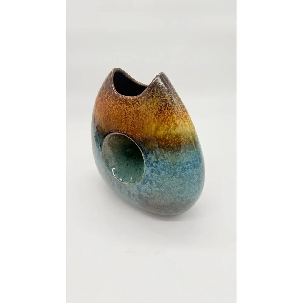 Vintage Ceramic Vase Decoration Piece 8.5 Inches Tall In Brown & Blue Distressed